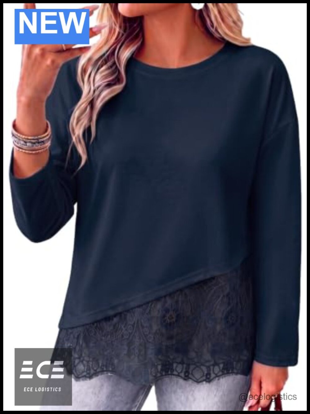 Plus Size Long Sleeve Lace Patchwork Tunic Top Casual Layered Look